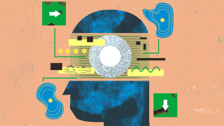 Illustration of a head with various graphics referencing technology superimposed.